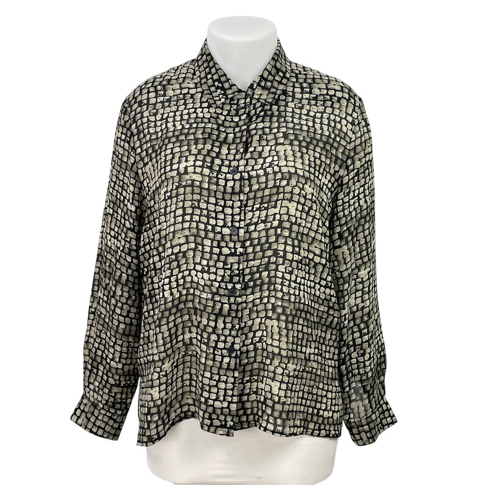 Josephine Chaus Black Gray Stone Brick Long Sleeve Button Down Shirt Top Size 16